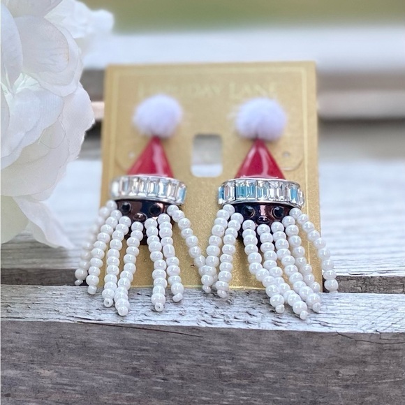 NWT HOLIDAY LANE SILVER TONE CRYSTAL, BEAD AND POM-POM SANTA EARRINGS - Picture 3 of 5